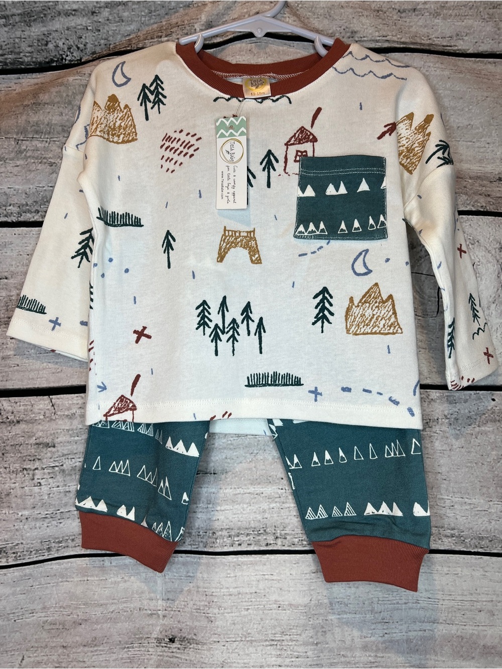Tesa Babe Baby 2 Piece Cotton Knit Set Cream Teal Rust Forest Camping Tree Cabin